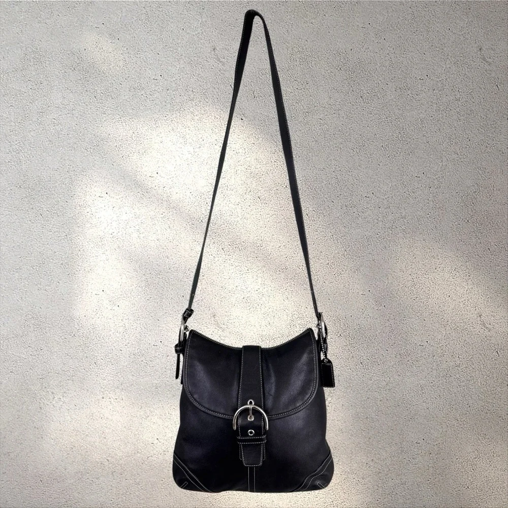 Vtg Y2K Coach 9480 Soho Flap Buckle Crossbody Black Leather Shoulder Hobo Bag